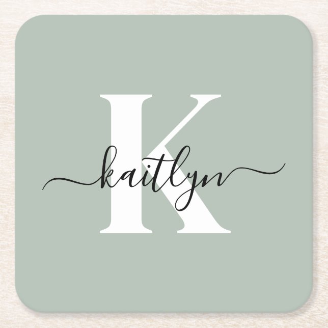 Modern Sage Green Script Monogram Square Paper Coaster (Front)