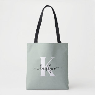 Modern Sage Green Script Monogram Tote Bag