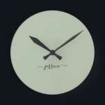 Modern sage green script name large clock<br><div class="desc">Modern clock with a sage green background and a hand lettered black girly script name. Personalise with your name</div>