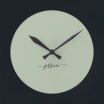 Modern sage green script name large clock<br><div class="desc">Modern clock with a sage green background and a hand lettered black girly script name. Personalise with your name</div>
