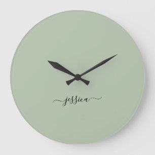Modern sage green script name large clock