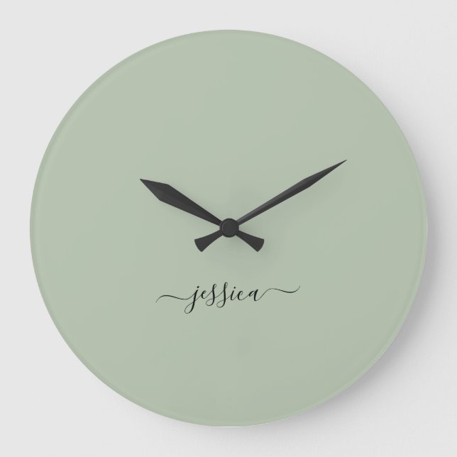 Modern sage green script name large clock (Front)