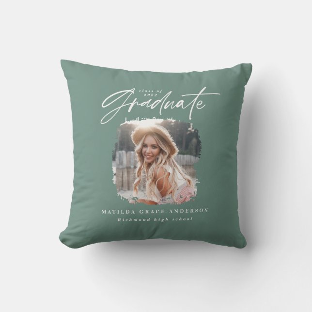 Modern sage green script photo elegant graduation cushion (Front)