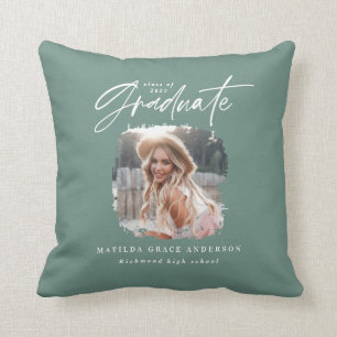 Modern sage green script photo elegant graduation cushion