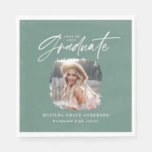 Modern sage green script photo elegant graduation napkin