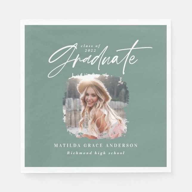 Modern sage green script photo elegant graduation napkin (Front)