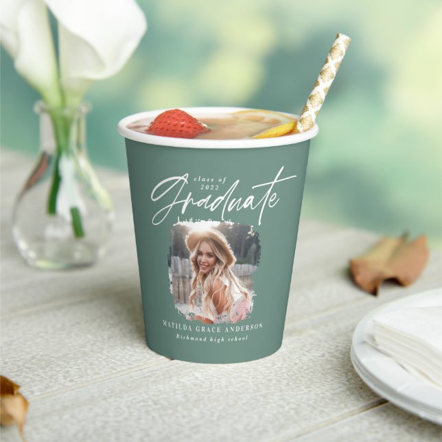 Modern sage green script photo elegant graduation paper cups (Insitu)