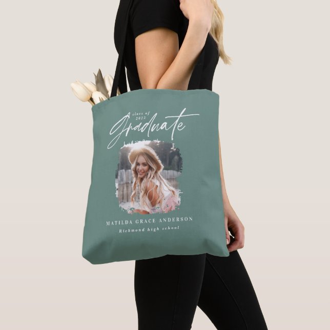 Modern sage green script photo elegant graduation tote bag (Close Up)