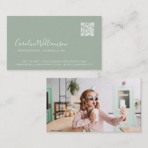 Modern Sage Green Script Photo QR Code Trendy Business Card