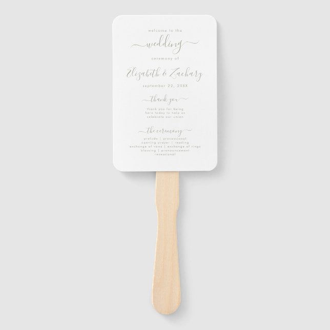 Modern Sage Green Script Wedding Program Hand Fan (Front)