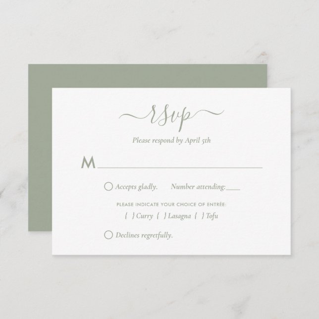 Modern Sage Green Script Wedding RSVP Cards (Front/Back)