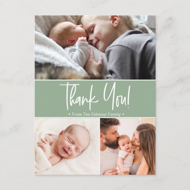 Modern sage green second baby birth photo collage announcement postcard (Front)