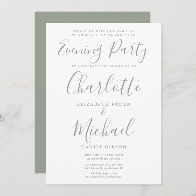 Modern Sage Green Signature Wedding Evening Party Invitation (Front/Back)