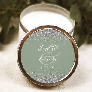 Modern Sage Green Silver Glitter Edge Wedding Classic Round Sticker