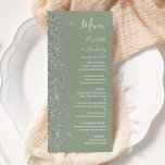 Modern Sage Green Silver Glitter Edge Wedding Menu<br><div class="desc">The left-hand edge of this elegant modern wedding menu features a silver faux glitter design. The customisable text combines white handwriting,  copperplate and italic fonts on a sage green background. The reverse side features a matching sage green and silver glitter design.</div>