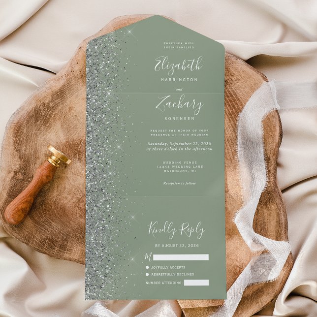 Modern Sage Green Silver Glitter Wedding All In One Invitation (Creator Uploaded)