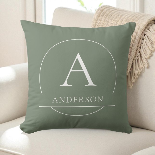 Modern Sage Green Simple Family Name Monogram Cushion (Modern Sage Green Simple Family Name Monogram Throw Pillow)