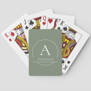 Modern Sage Green Simple Family Name Monogram Playing Cards