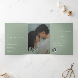 Modern Sage Green Simple Photo QR Code Wedding Tri-Fold Invitation