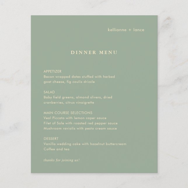 Modern Sage Green Simple Wedding Menu (Front)