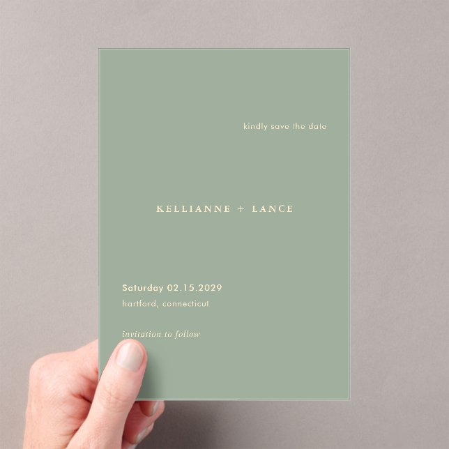 Modern Sage Green Simple Wedding Save the Date Acrylic Invitations (Insitu (Handheld))