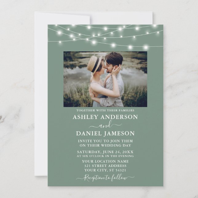Modern Sage Green String Lights Photo Wedding Invitation (Front)