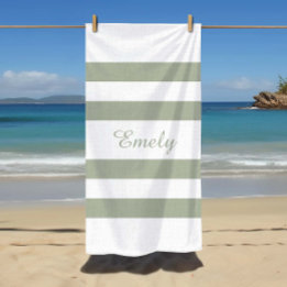 Modern Sage Green Striped Pattern  Beach Towel