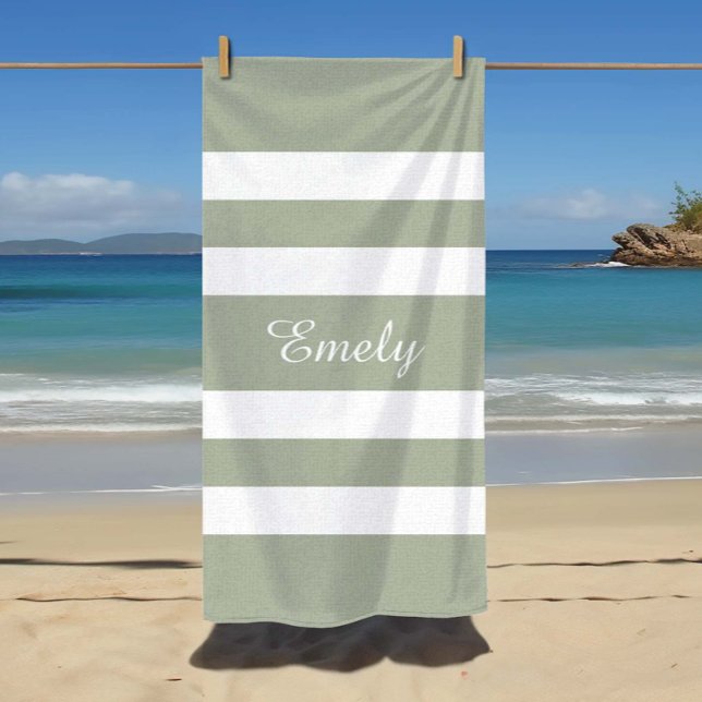 Modern Sage Green Striped Pattern Name Beach Towel (Custom Name Modern Sage Green Striped Pattern Beach Towel)