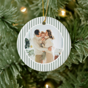 Modern Sage Green Stripes Christmas Family Photo Ceramic Ornament