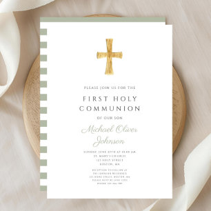 Modern Sage Green Stripes Cross First Communion Invitation