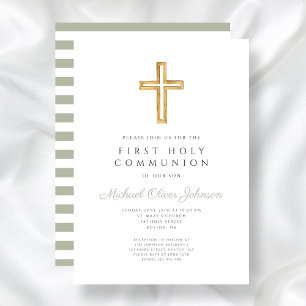 Modern Sage Green Stripes Cross First Communion Invitation
