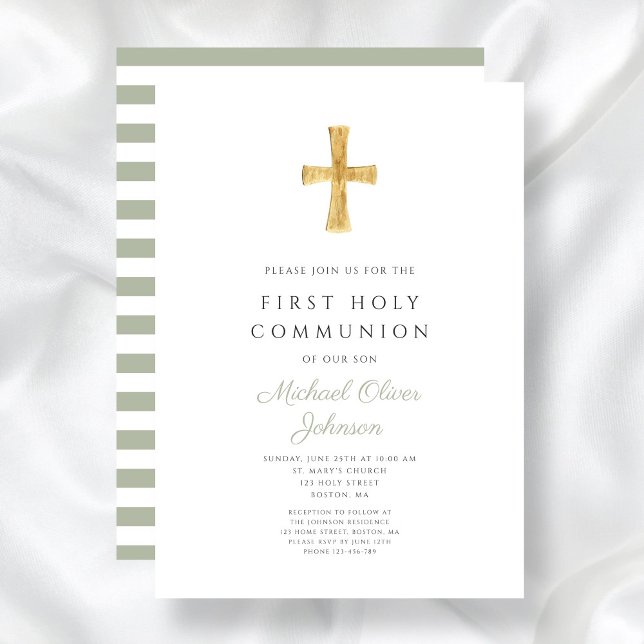 Modern Sage Green Stripes Cross First Communion Invitation (Modern Sage Green Stripes Cross First Communion Invitation)