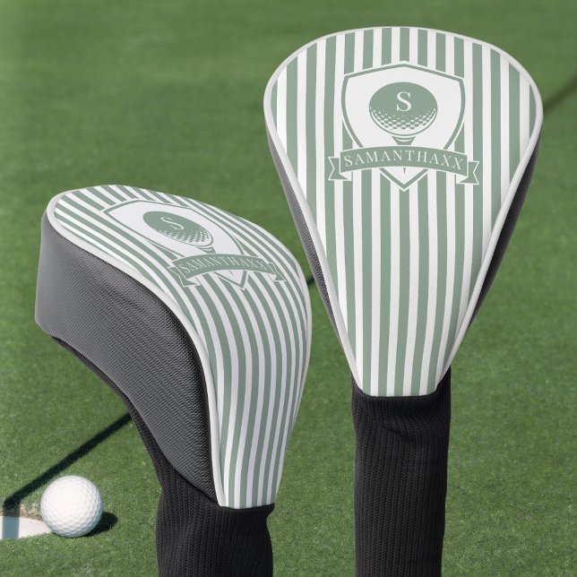 Modern Sage Green Stripes Name Initial Monogram Golf Head Cover (Modern Sage Green Stripes Name Initial Monogram Golf Head Cover)
