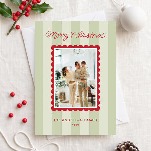 Modern Sage Green Stripes Photo Christmas Holiday Card