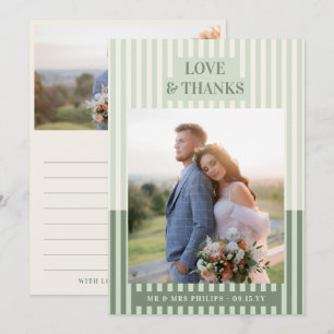 Modern Sage Green Stripes Wedding Photo Thank You Card