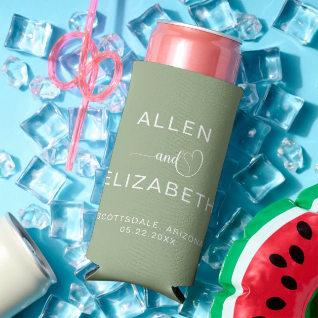 Modern Sage Green Stylish Wedding Customised Beer Seltzer Can Cooler (In Situ Summer)
