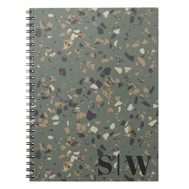 Modern Sage Green Tan Terrazzo Initials Monogram N Notebook (Front)