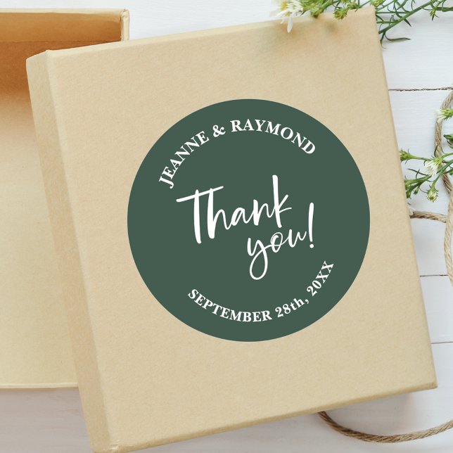Modern Sage Green Thank You Script Wedding Favour Classic Round Sticker (Creator Uploaded)