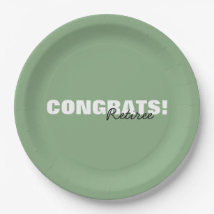 Modern Sage Green Typography Congrats Retiree  Paper Plate