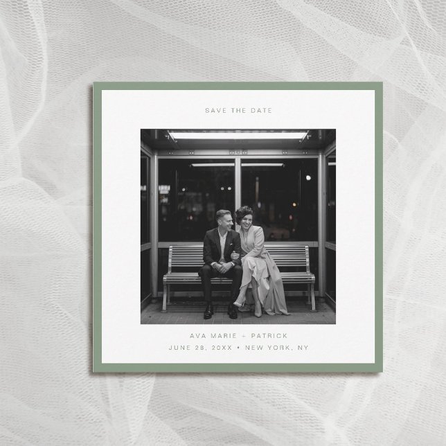 Modern Sage Green Typography Wedding Save Date Invitation (wedding photo save the date square sage green frame modern minimalist contemporary typography)