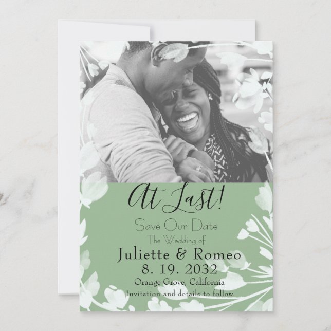 Modern Sage Green Velum Floral Photo Save The Date (Front)