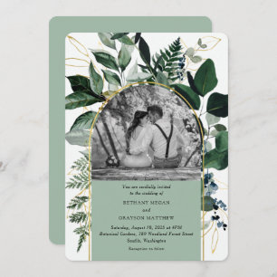 Modern Sage Green Watercolor Leaves photo wedding Invitation
