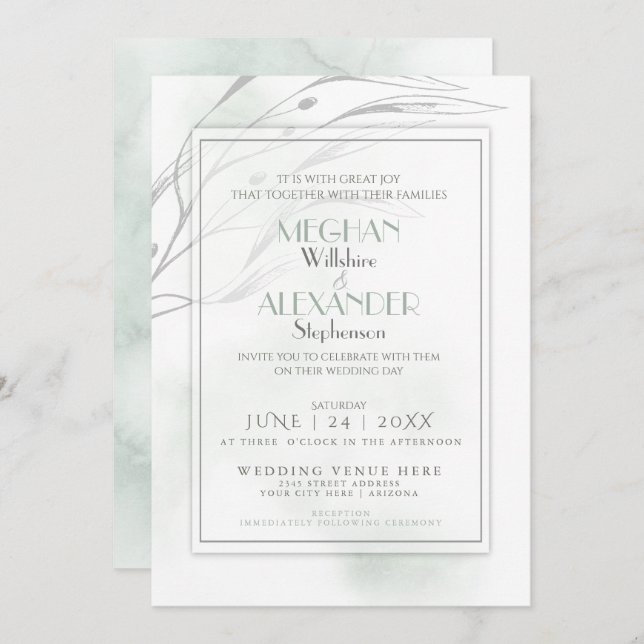 Modern Sage Green Watercolor Splash Invitation (Front/Back)