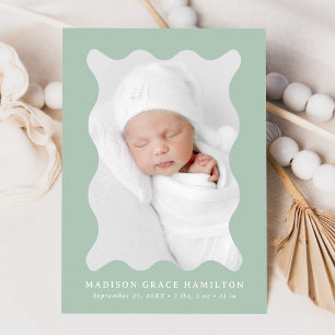 Modern Sage Green Wavy Frame 2 Photo Birth Announcement