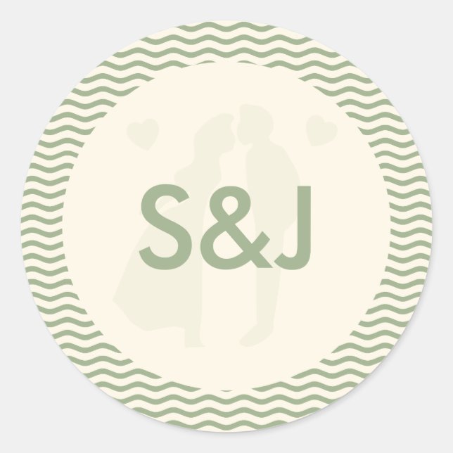 Modern Sage Green Wavy Stripe Monogram Wedding Classic Round Sticker (Front)