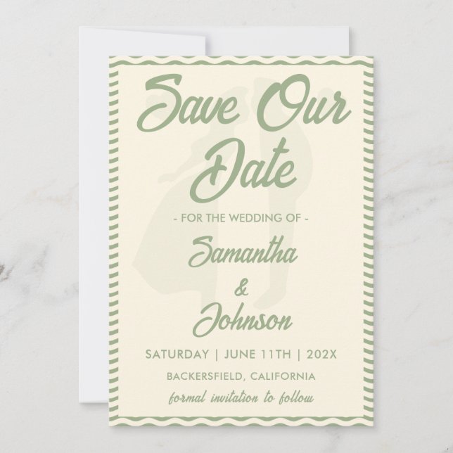 Modern Sage Green Wavy Stripe QR Code Photo Save The Date (Front)