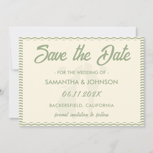 Modern Sage Green Wavy Stripe QR Code Wedding Save The Date (Front)