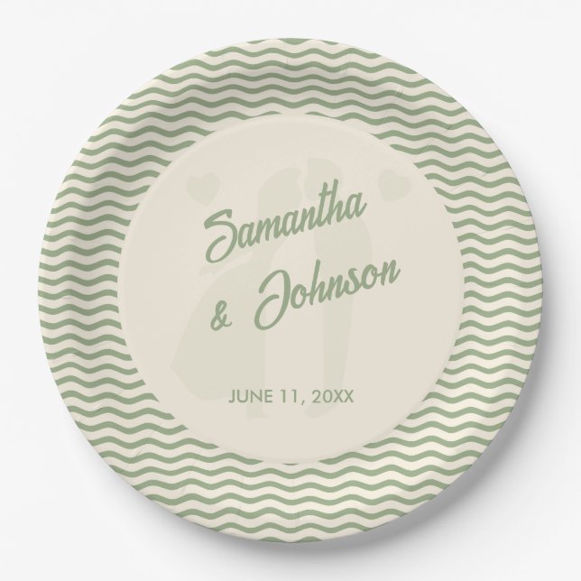 Modern Sage Green Wavy Stripe Wedding Paper Plate (Front)
