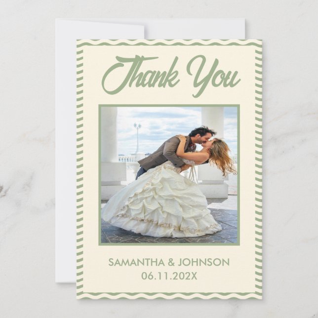 Modern Sage Green Wavy Stripe Wedding Photo Thank You Card (Front)