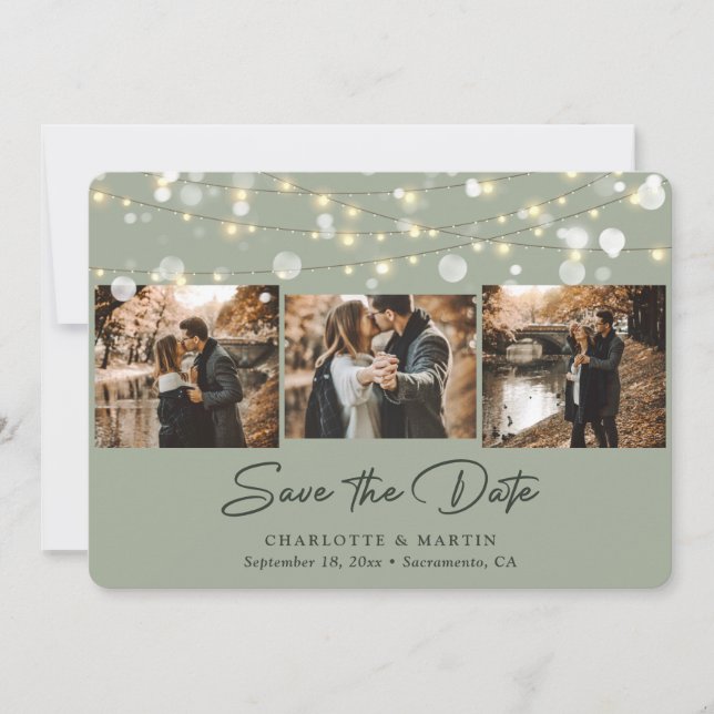 Modern Sage Green Wedding 3 Photo Save The Date (Front)